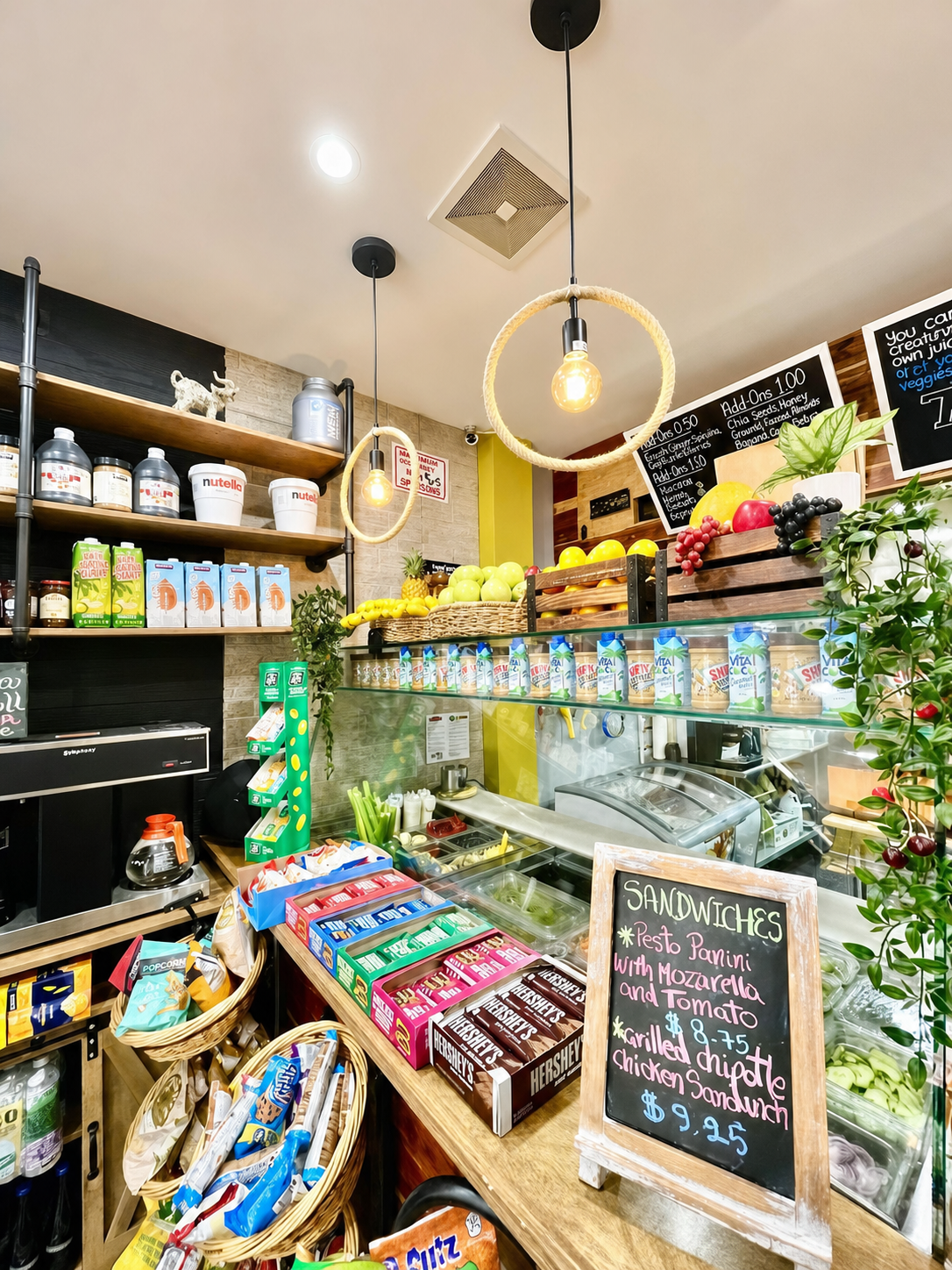 Inside The Blend Factory with fresh produce, preparation counter, and menu boards